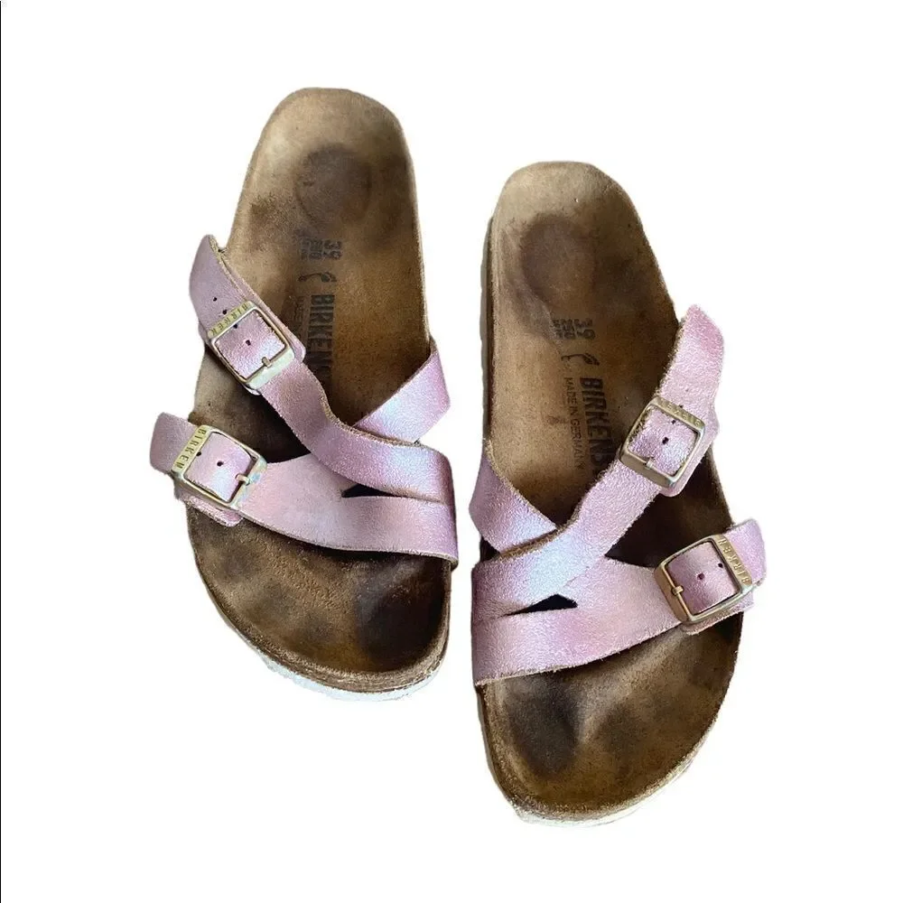 Birkenstock Yao Pink Metallic Suede Slide Sandals Size 8-8.5/39
